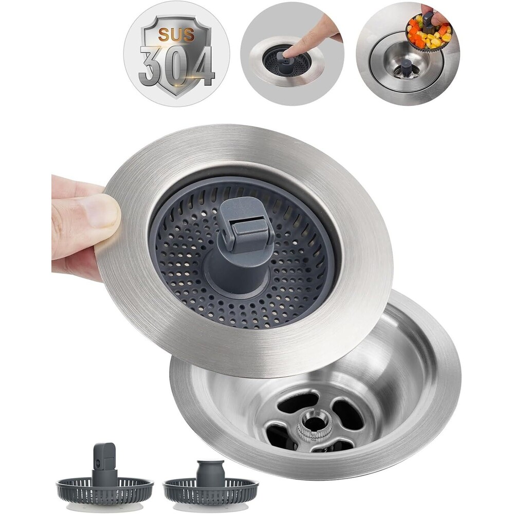 Universal 3 in 1 Metal Kitchen Sink Drain Strainer, Upgraded Stainless Steel Sto